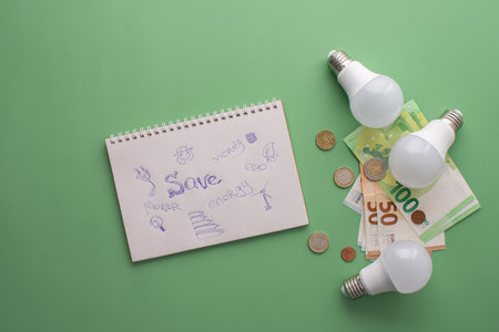 Save energy, accounting and saving money, energy saving light bulbs and notebook on green background, money spending planning, rising electricity costsの写真素材