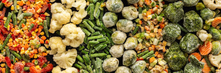 Frozen vegetable mix banner, frozen green beans and broccoli, corn and carrots, brussels sprouts and cauliflower, peas and bell peppers, eggplant and zucchini, top viewの写真素材