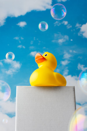 Baby yellow bathroom rubber duck on a white podium, copy space, bottom view of a podium with a duck on a background of blue sky and soap bubblesの写真素材