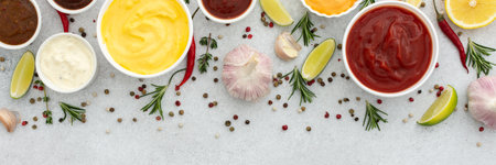 Different types of sauces in bowls with seasonings banner, rosemary and pepper, thyme and garlic, lime and lemon, cilantro, top view, copy spaceの写真素材