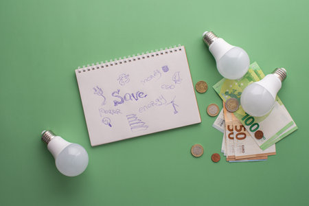 Save energy, accounting and saving money, energy saving light bulbs and notebook on green background, money spending planning, rising electricity costsの写真素材