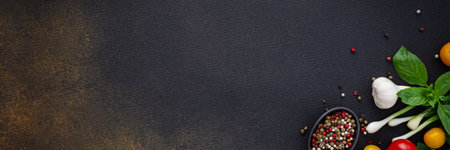 Food banner, fresh ripe red and yellow tomatoes, spices and basil leaves, garlic and green onions on a dark background, healthy food concept, copy space, top viewの写真素材