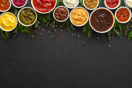 Different types of sauces in bowls with seasonings, rosemary and dill, thyme and and peppercorns, top view, copy spaceの写真素材