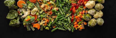 Frozen vegetable mix banner, frozen green beans and broccoli, corn and carrots, brussels sprouts and cauliflower, peas and bell peppers, eggplant and zucchini, top viewの写真素材