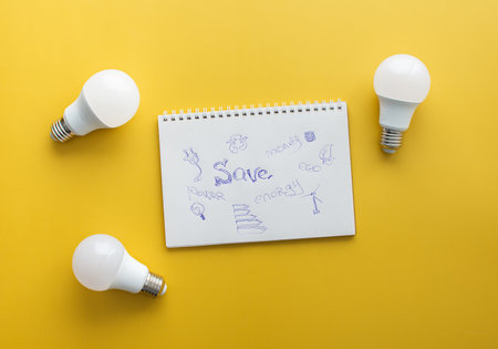 Save energy, accounting and saving money, energy saving light bulbs and notebook on yellow background, money spending planning, rising electricity costsの写真素材