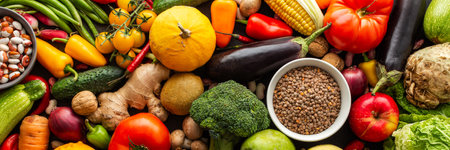 Ripe fresh vegetables, organic seasonal vegetables banner, autumn farm harvest, top viewの写真素材