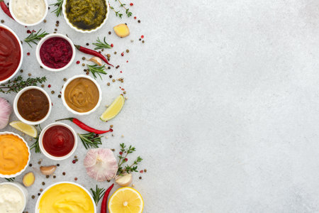 Different types of sauces in bowls with seasonings, rosemary and pepper, thyme and garlic, lime and lemon, cilantro, top view, copy spaceの写真素材