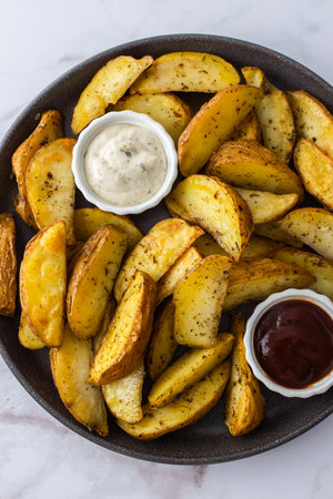 Oven roasted potatoes with skins, sliced, with sauces close-up, top viewの写真素材