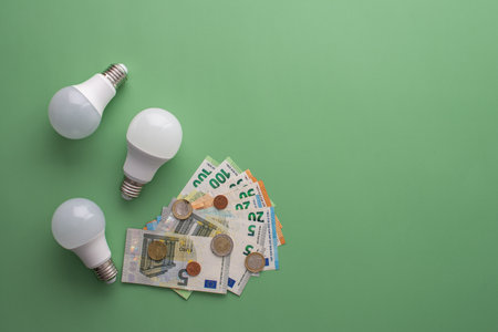 Save energy, accounting and saving money, energy saving light bulbs and money on green background, money spending planning, rising electricity costsの写真素材