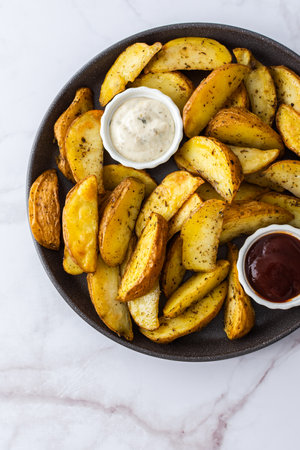 Oven roasted potatoes with skins, sliced, with sauces close-up, top viewの写真素材