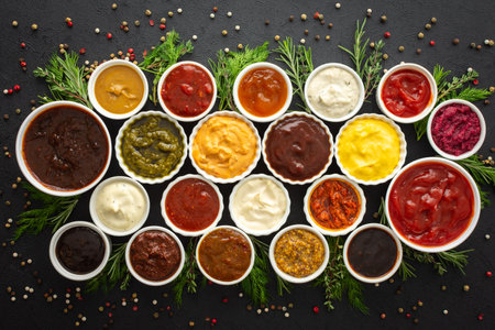 Different types of sauces in bowls with seasonings, rosemary and dill, thyme and and peppercorns, top viewの写真素材