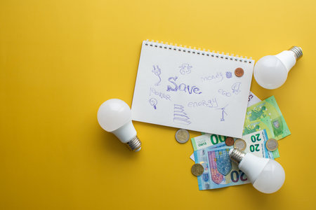 Save energy, accounting and saving money, energy saving light bulbs and notebook on yellow background, money spending planning, rising electricity costsの写真素材