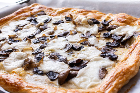 Yeast dough pie with fried Champignon mushrooms, onions and cheese mozzarellaの写真素材
