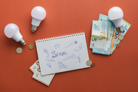Save energy, accounting and saving money, energy saving light bulbs and notebook on orange background, money spending planning, rising electricity costsの写真素材