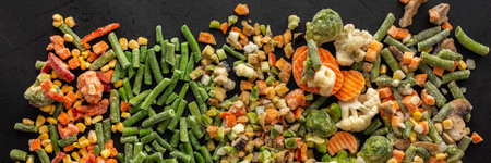 Frozen vegetable mix banner, frozen green beans and broccoli, corn and carrots, brussels sprouts and cauliflower, peas and bell peppers, eggplant and zucchini, top viewの写真素材