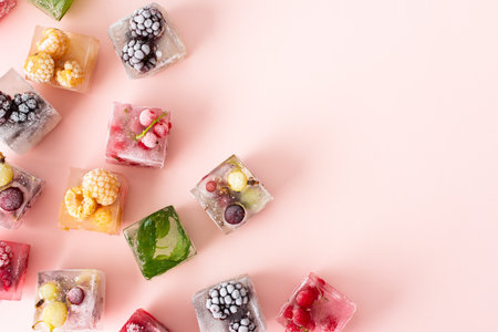 Frozen ice cubes with various fruits, blackberries and raspberries, gooseberries and currants, blueberries and mint, top viewの写真素材