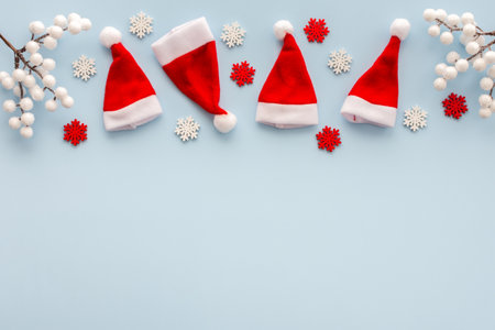 Santa Claus hats and snowflakes and rowan branches on a blue background, Christmas background, Merry Christmas and Happy New Year concept, top view, copy spaceの写真素材
