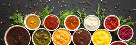 Different types of sauces in bowls with seasonings banner, rosemary and dill, thyme and and peppercorns, top viewの写真素材