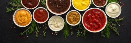 Different types of sauces in bowls with seasonings banner, rosemary and dill, thyme and and peppercorns, top view, copy spaceの写真素材