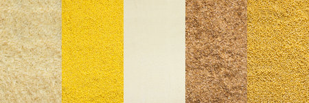 Various grain cereals banner, top view, white rice and millet, semolina and wheat grits, couscousの写真素材