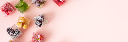 Frozen ice cubes with various fruits banner, blackberries and raspberries, gooseberries and currants, blueberries and mint, top viewの写真素材