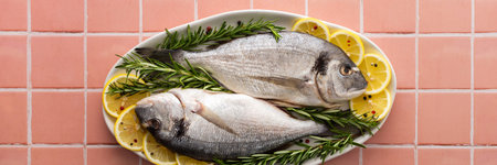 Dorada fish with lemon slices and rosemary sprigs in an oval dish on a pink tile banner, top view,...