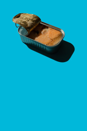 Open tin can with salmon on a blue background with hard shadows, the concept of red canned fish on the sea or in the oceanの写真素材