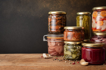 Preserving vegetables for the winter, canned vegetables in jars on a wooden table against a brown wall, pickled or fermented vegetables, copy spaceの写真素材