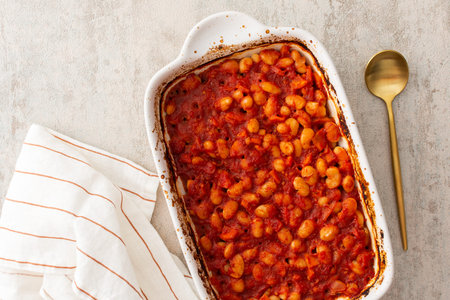 Healthy breakfasts and lunches, stewed white beans with carrots, onions and tomatoes, top view of an oval ceramic roaster with stewed legumesの写真素材