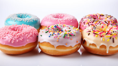 Multicolored donuts with different sprinkles isolated on white backgroundの素材