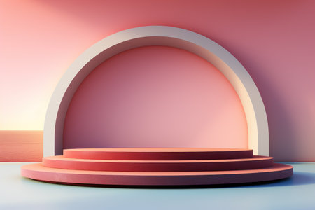 Abstract minimalist arch podium stage with pedestals for product presentation, pastel studio, shadow on the wall from the windowの素材