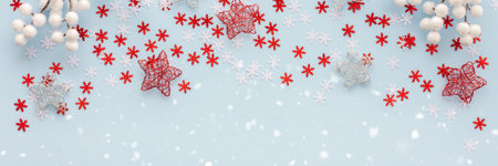 White and red snowflakes and rowan branches on a blue background, Christmas banner, Merry Christmas...