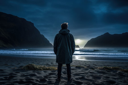 Traveler in a raincoat against the backdrop of Iceland landscapes, glaciers and mountains, black sand and northern lightsの素材