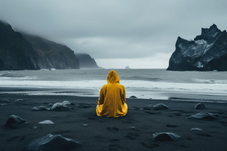 Traveler in a yellow raincoat against the background of Iceland landscapes, glaciers and mountains, black sandの素材