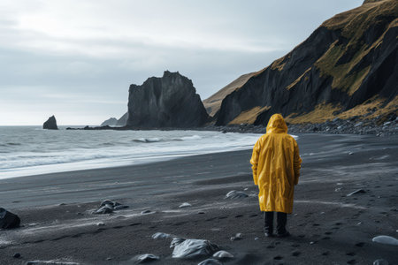 Traveler in a yellow raincoat against the background of Iceland landscapes, glaciers and mountains, black sandの素材