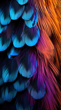 Beautiful colorful background of toucan feathers, backdrop of exotic tropical bird feathersの素材