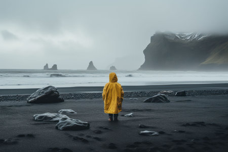 Traveler in a yellow raincoat against the background of Iceland landscapes, glaciers and mountains, black sandの素材