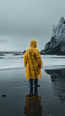 Traveler in a yellow raincoat against the background of Iceland landscapes, glaciers and mountains, black sandの素材