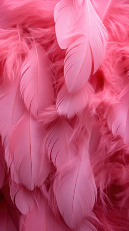 Beautiful colorful background of pink flamingo feathers, backdrop of exotic tropical bird feathersの素材