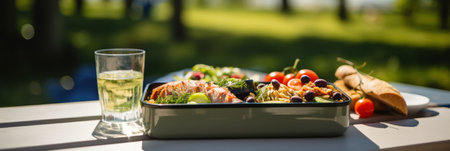 Brunch or lunch outdoors, open lunchbox with homemade healthy food against the backdrop of the park, bannerの素材