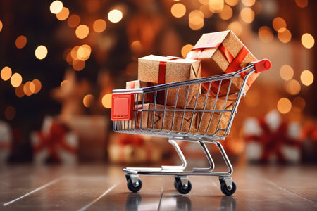 Shopping cart with gift boxes, blurred bright background with lights, Christmas conceptの素材