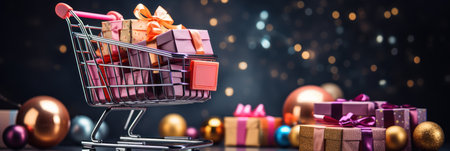 Shopping cart with gift boxes, blurred bright background with lights, Christmas concept, bannerの素材