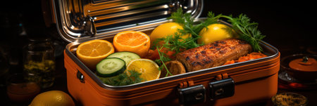 Open lunchbox closeup with food, homemade healthy food for lunch at school, work or picnic, bannerの素材