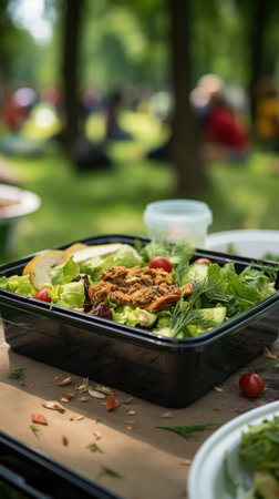 Brunch or lunch outdoors, open lunchbox with homemade healthy food against the backdrop of the parkの素材