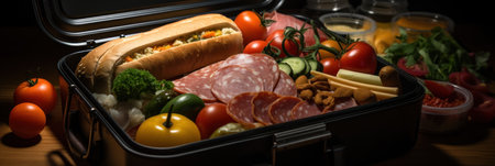 Open lunchbox closeup with food, homemade healthy food for lunch at school, work or picnicの素材