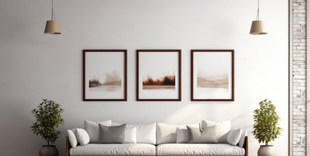 Part of home interior, sofa near wall, picture frames, light and shadow from windowの素材