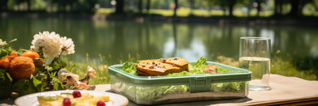 Brunch or lunch outdoors, open lunchbox with homemade healthy food against the backdrop of the park, bannerの素材
