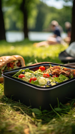 Brunch or lunch outdoors, open lunchbox with homemade healthy food against the backdrop of the parkの素材