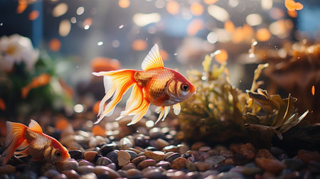 Aquarium Goldfish swim among algae and stones, corrals and underwater plants in an aquariumの素材
