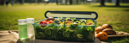 Brunch or lunch outdoors, open lunchbox with homemade healthy food against the backdrop of the park, bannerの素材